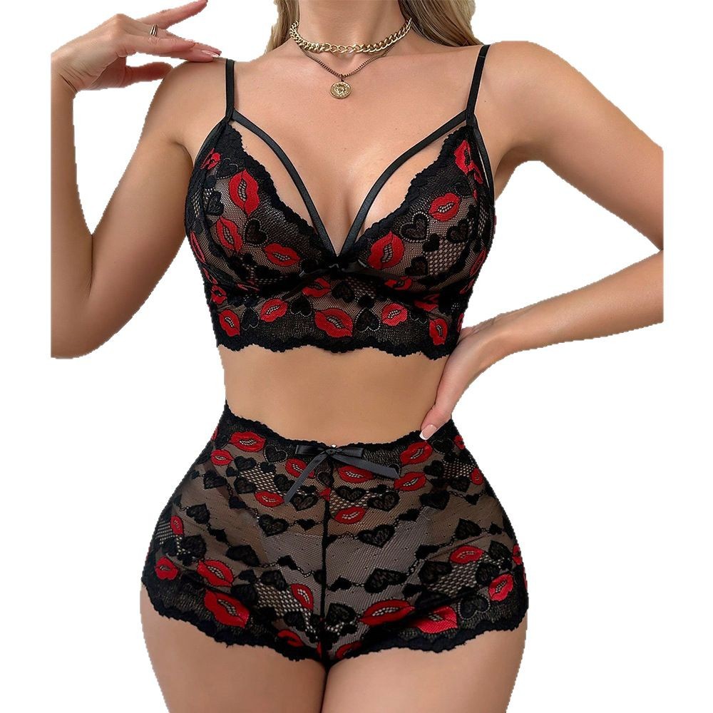 Babydoll Lingerie Set Red Lips - Sheer Mesh Bra recension och pris