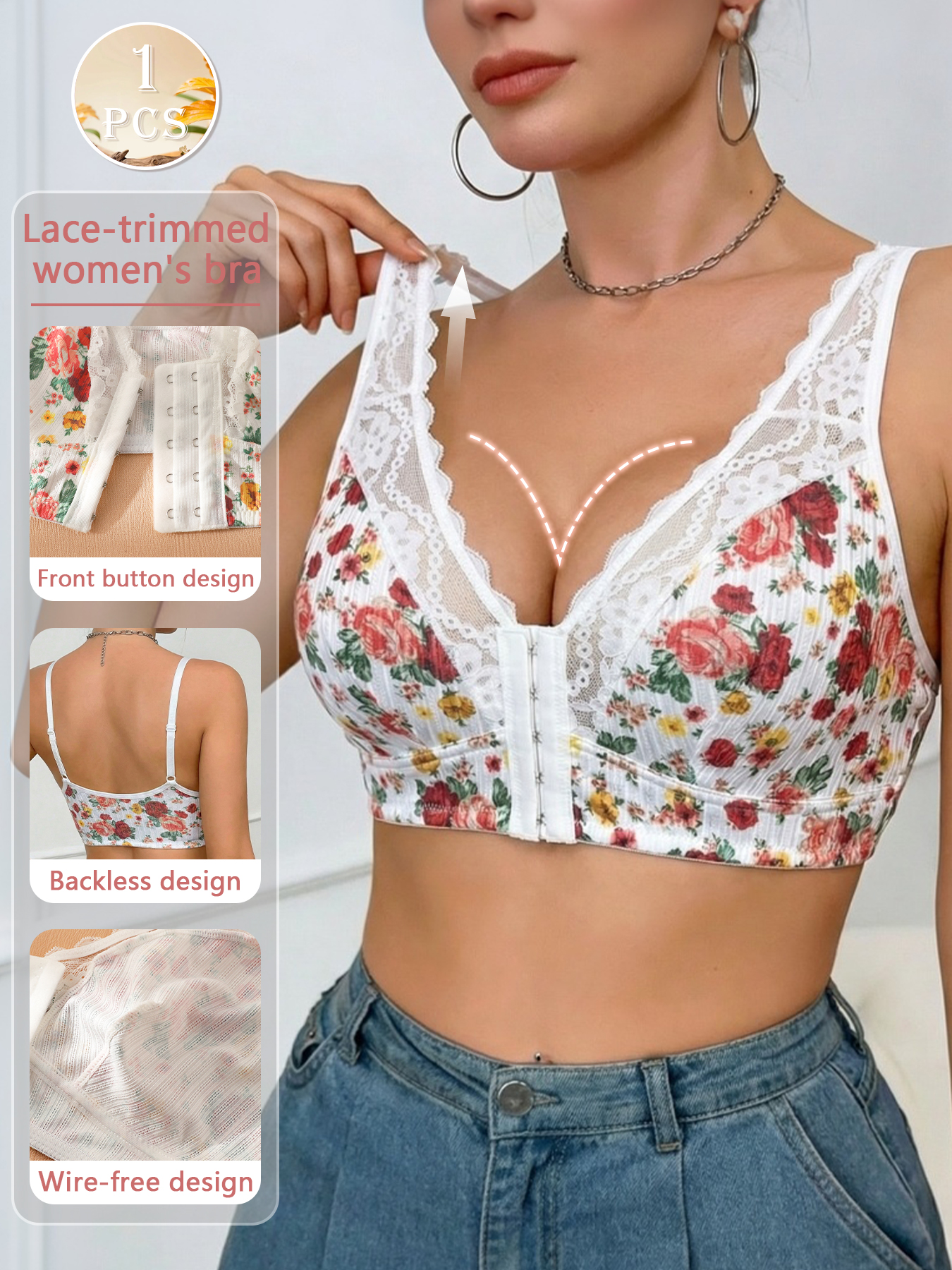 1pc Women's Floral Print Wirel - Wirefree Bra Comfort recension och pris